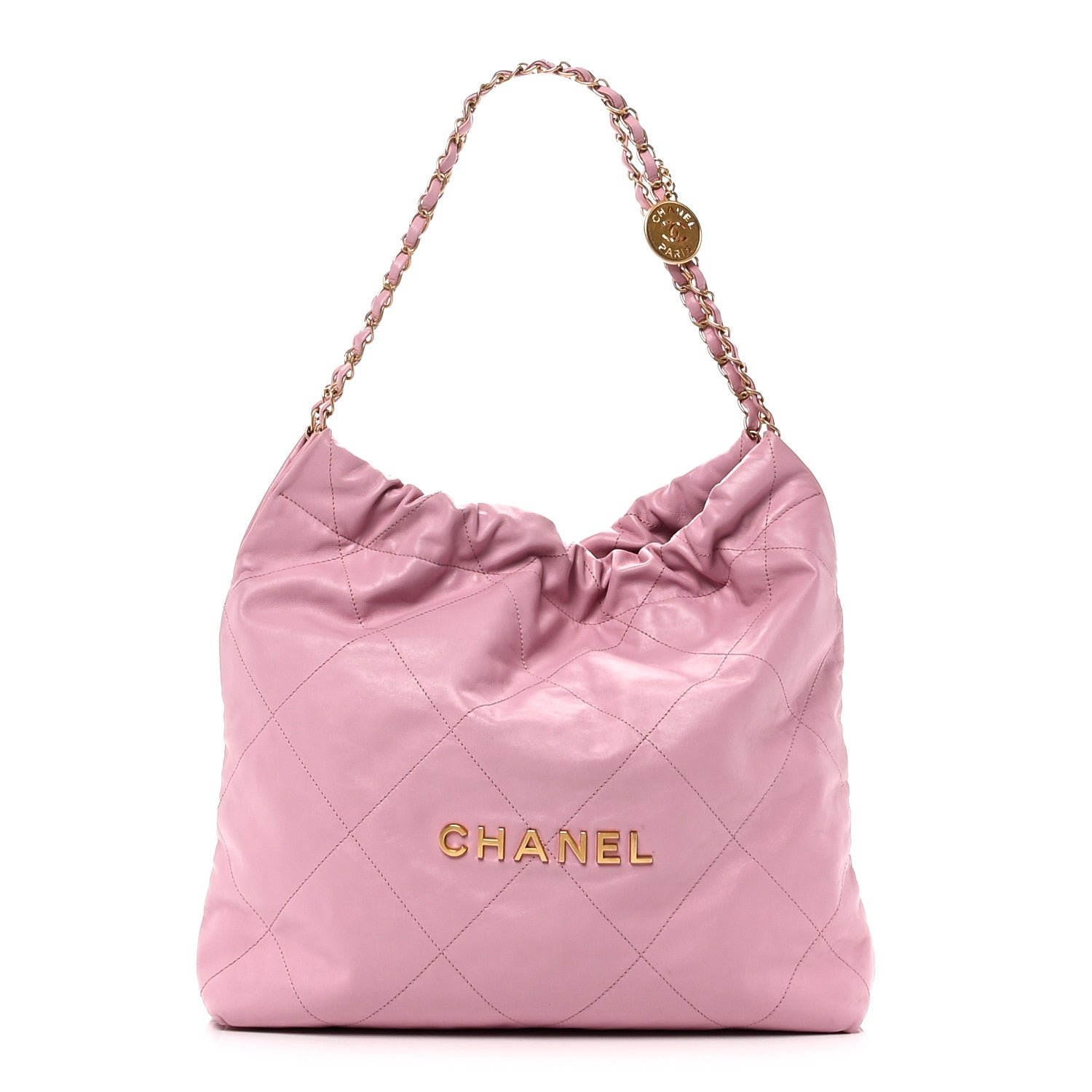 Chanel Shiny Calfskin Quilted Chanel 22 Drawstring Bag Pink