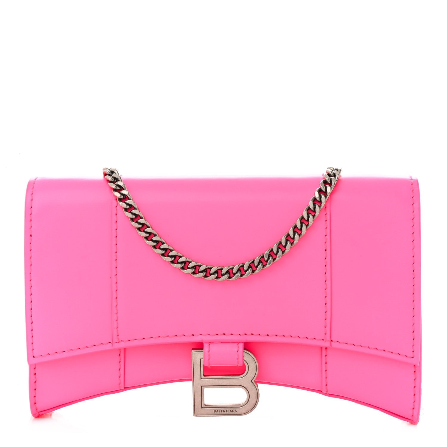 Balenciaga Shiny Box Calfskin XS Hourglass Wallet On Chain Fluo Pink