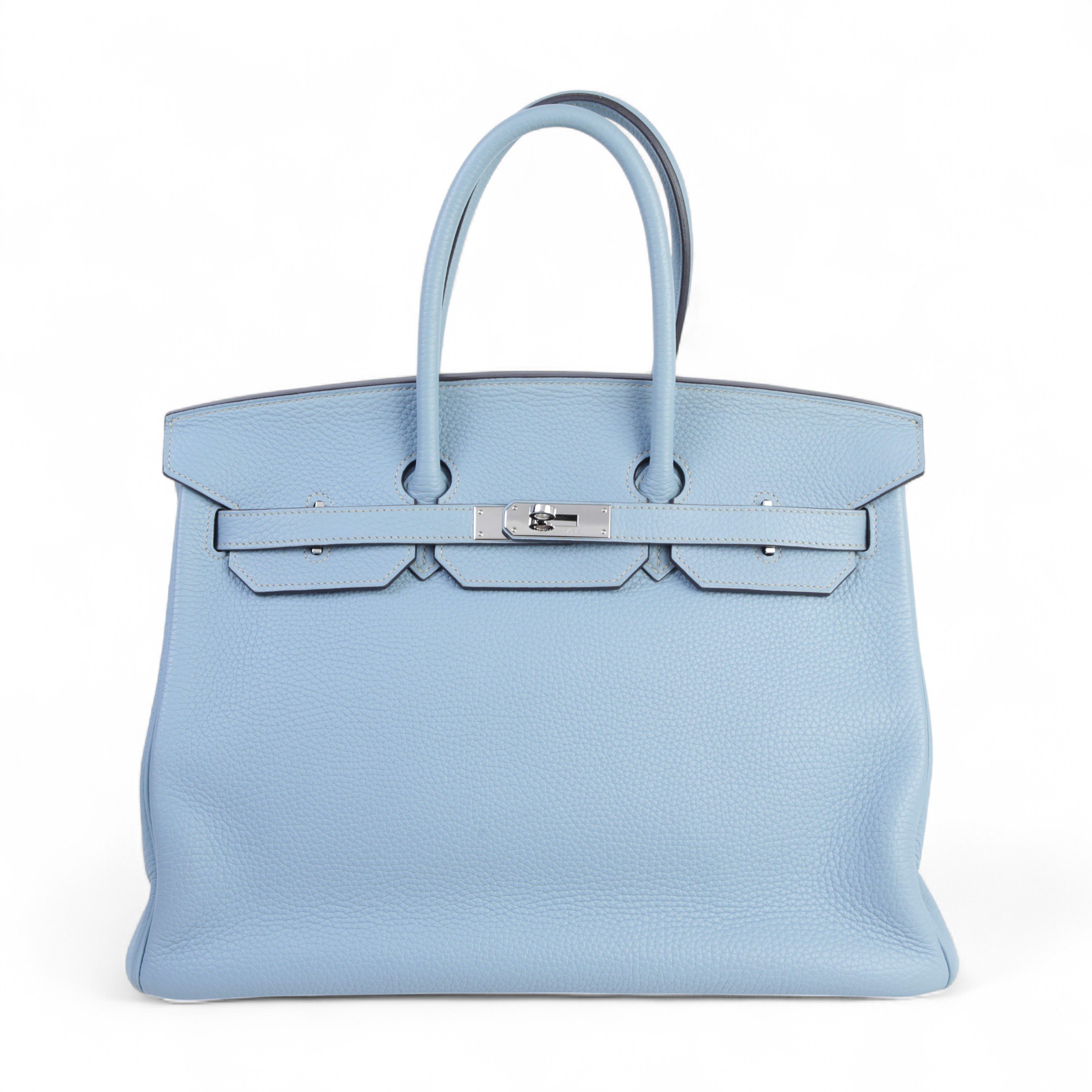 Hermes Very Good ( Rank A)  HERMÈS  Birkin 35 Bleu Lin (J7) Clemence Palladium hardware Square P (2012)