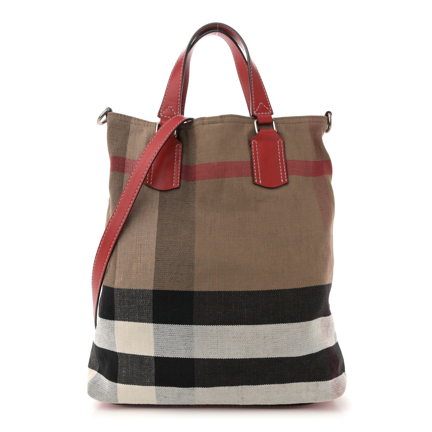 Burberry Canvas Mega Check Medium Tottenham Brit Tote Cadmium Red