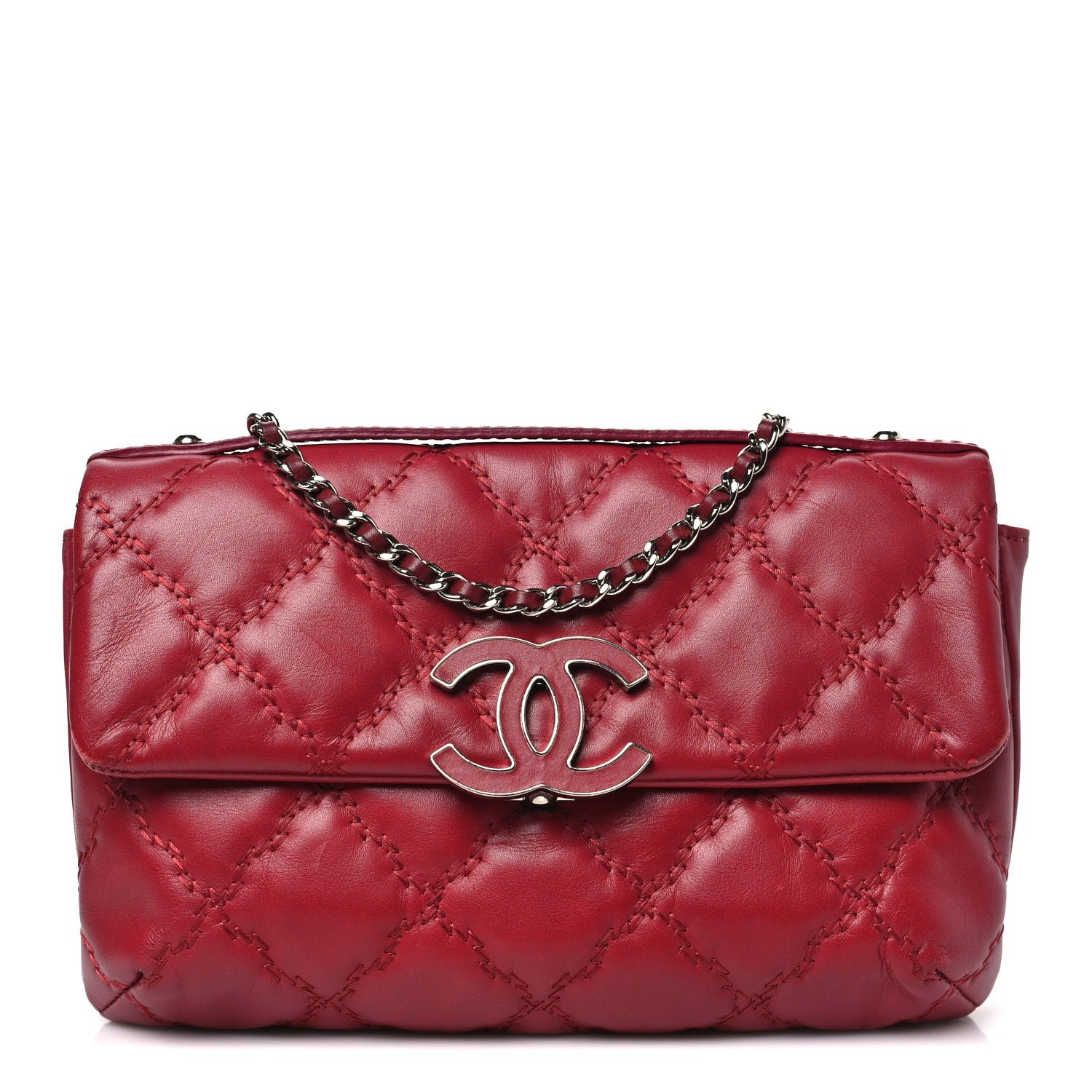 Chanel Calfskin Quilted Double Stitch Hamptons Clutch with Chain Red Red