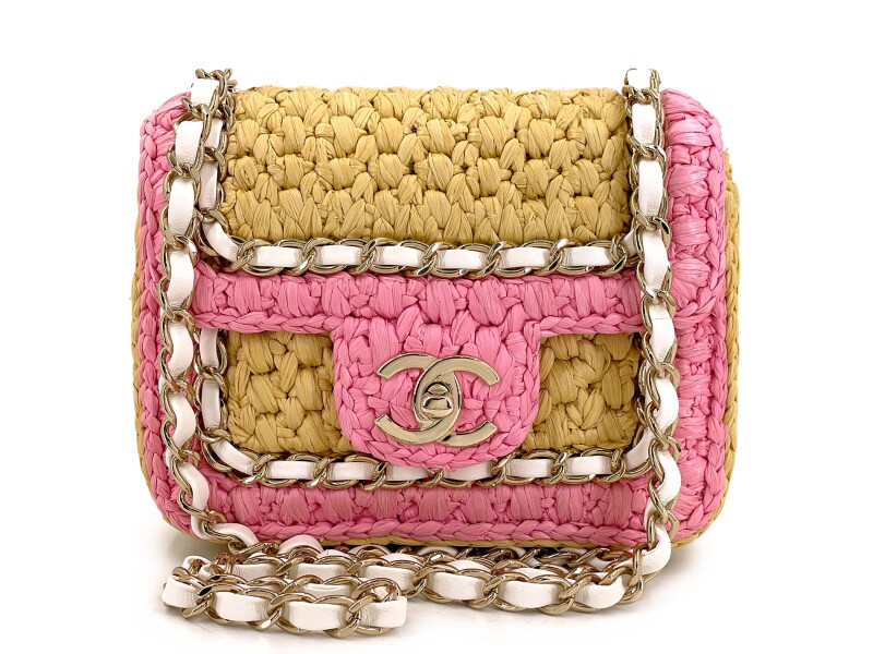 Pink Raffia Straw Venice Beach Mini Flap Bag Gold Hardware, 2024