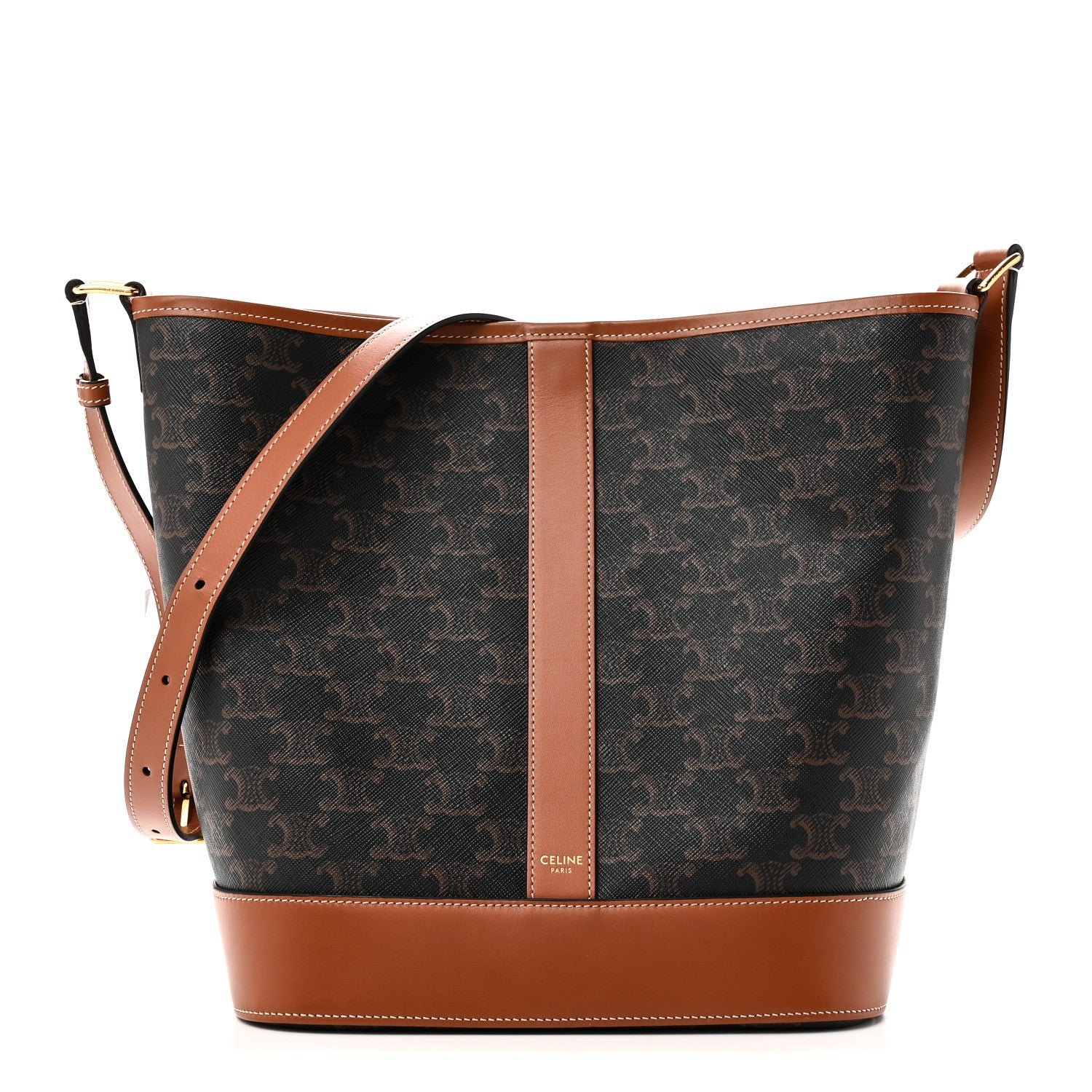 Celine Triomphe Canvas Calfskin Medium Bucket Bag Tan