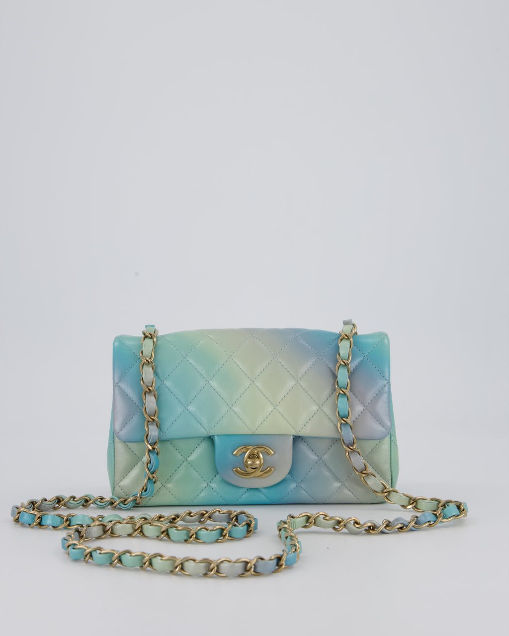 *RARE* Chanel Blue, Green and Purple Iridescent Ombre Mini Rectangular Single Flap Bag in Lambskin Leather with Champagne Gold Hardware