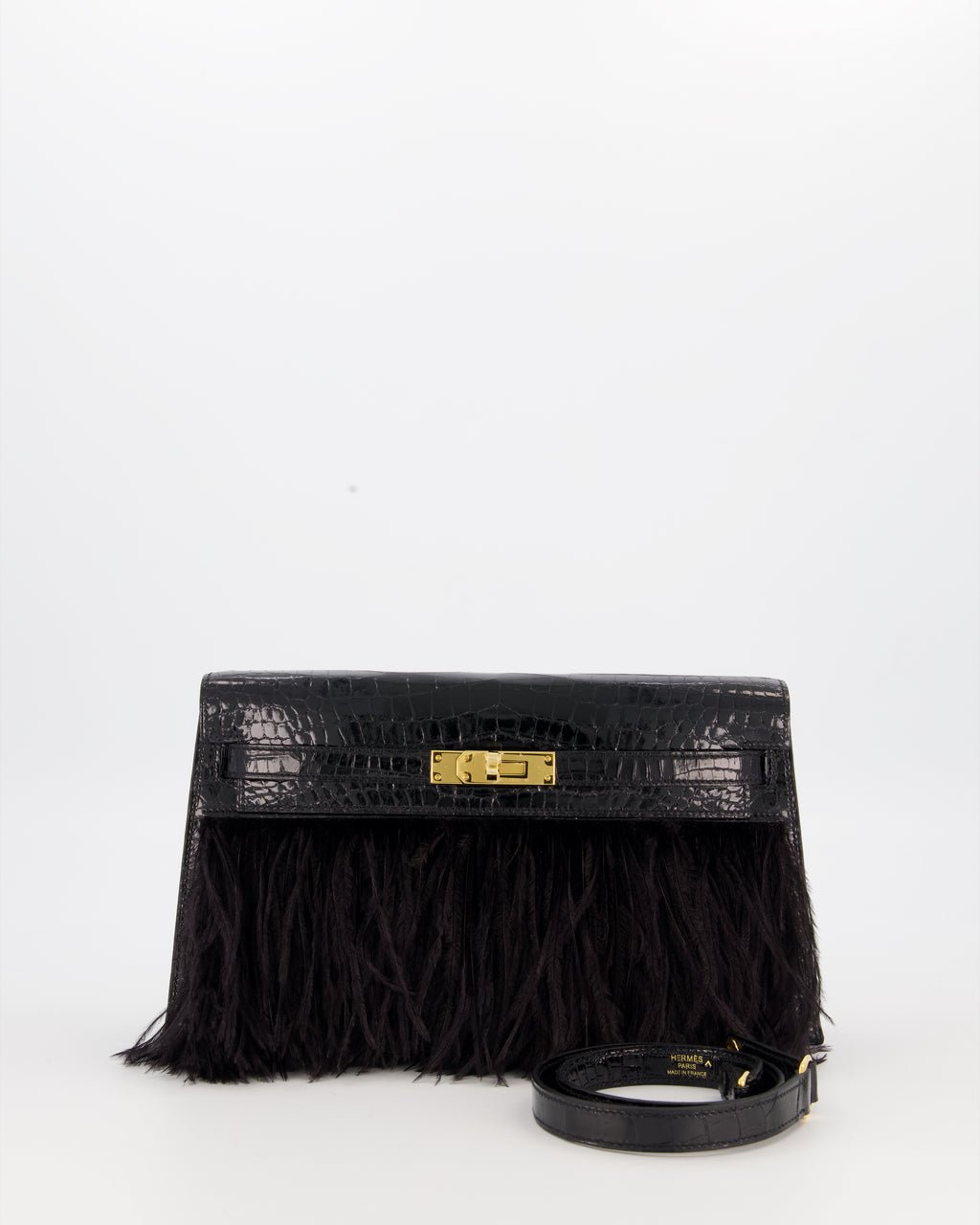 Hermes *EXTRA RARE* Hermès Kelly Elan Folie Bag in Noir Crocodile Porosus Lisse Leather, Noir Plumes with Gold Hardware