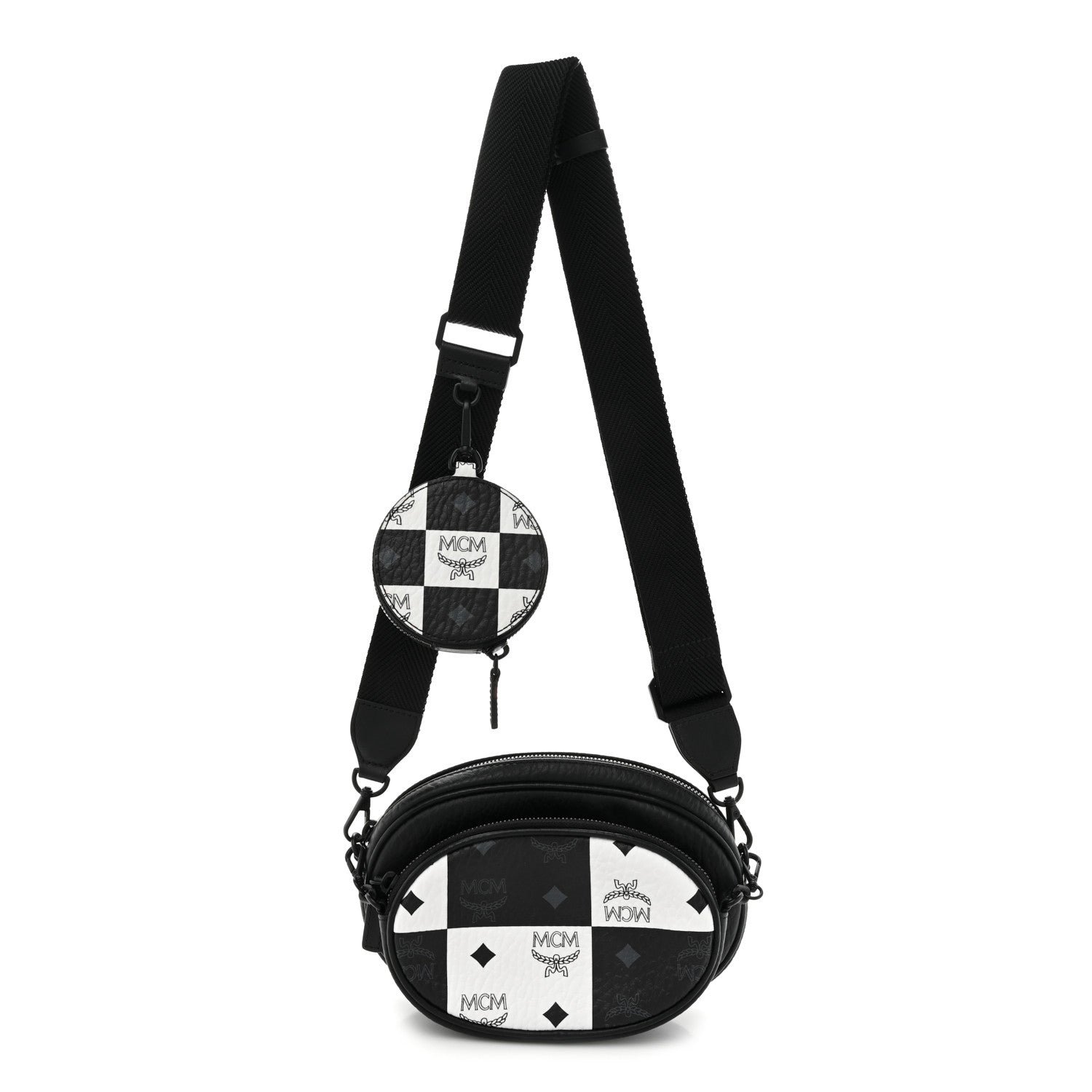 MCM Checkerboard Visetos Small Aren Multifunction Crossbody Pouch Black White