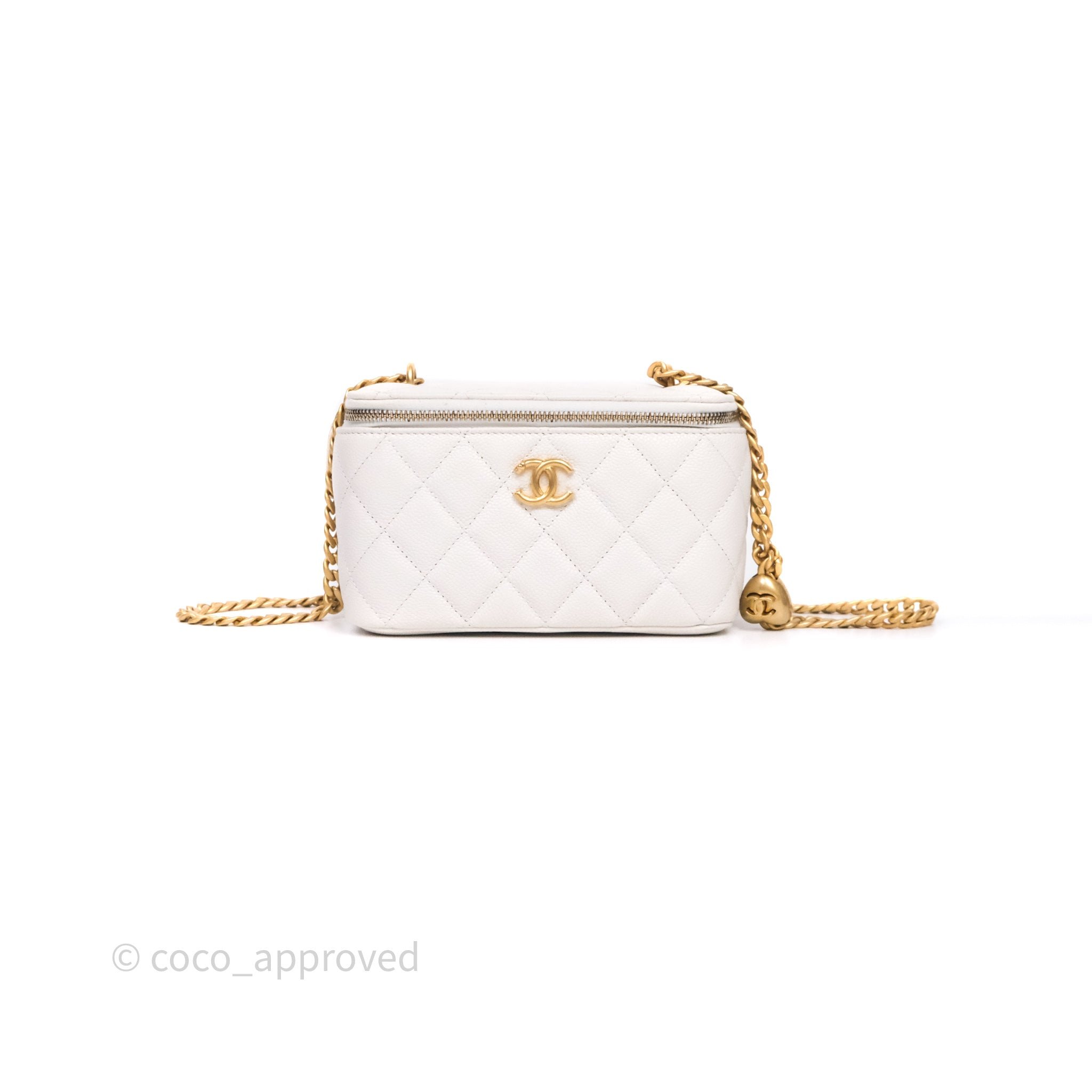 Chanel Vanity with Heart Adjustable Chain White Caviar Aged Gold Hardware