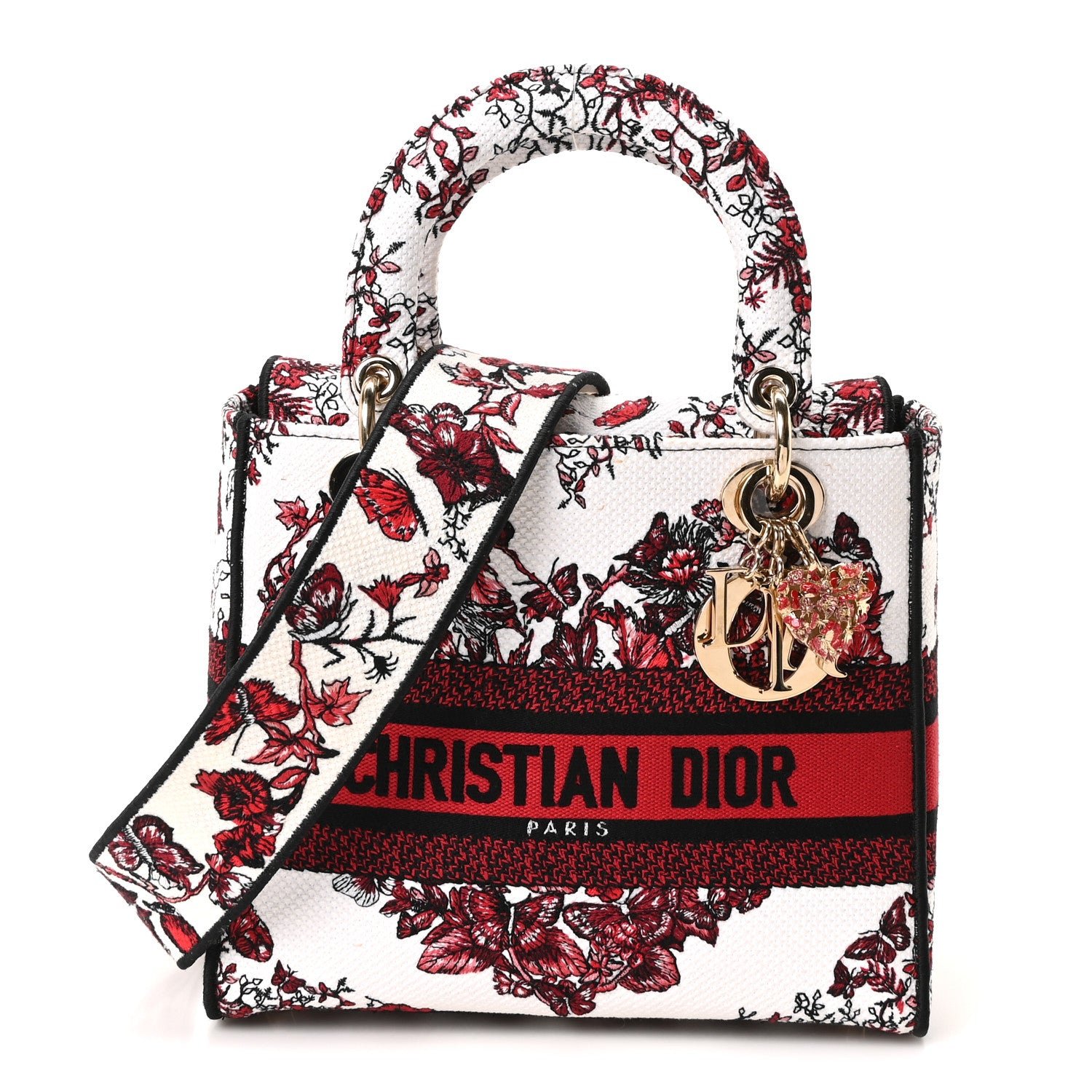 Dior Christian Dior Canvas Le Coeur En Fleurs Embroidered Medium Lady D-Lite White Multicolor