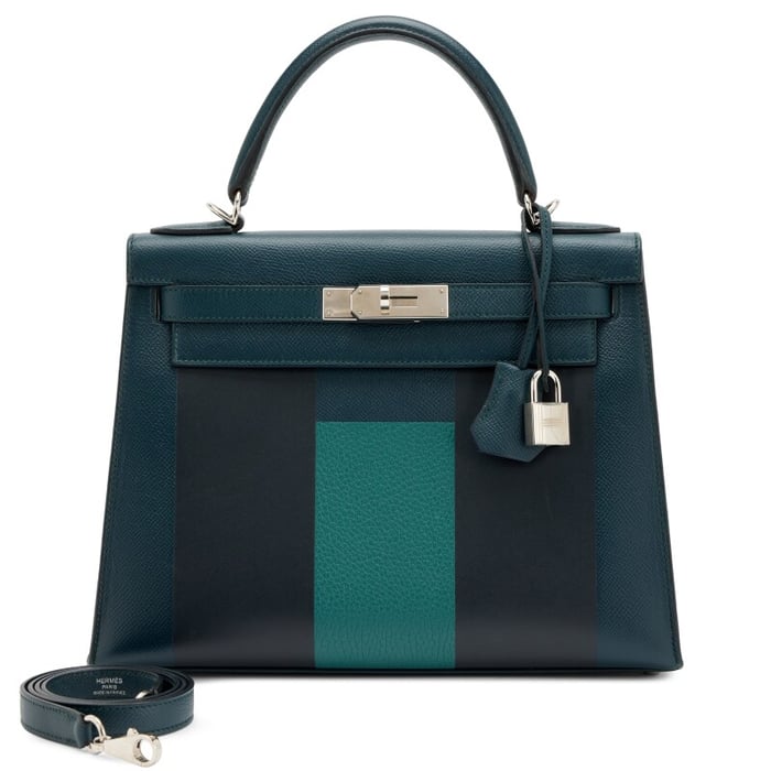 Hermes Limited Edition Vert Cyprès Epsom, Bleu Obscur Sombrero, Malachite Clemence Lettre H Kellygraphie Kelly 28 Palladium Hardware, 2018