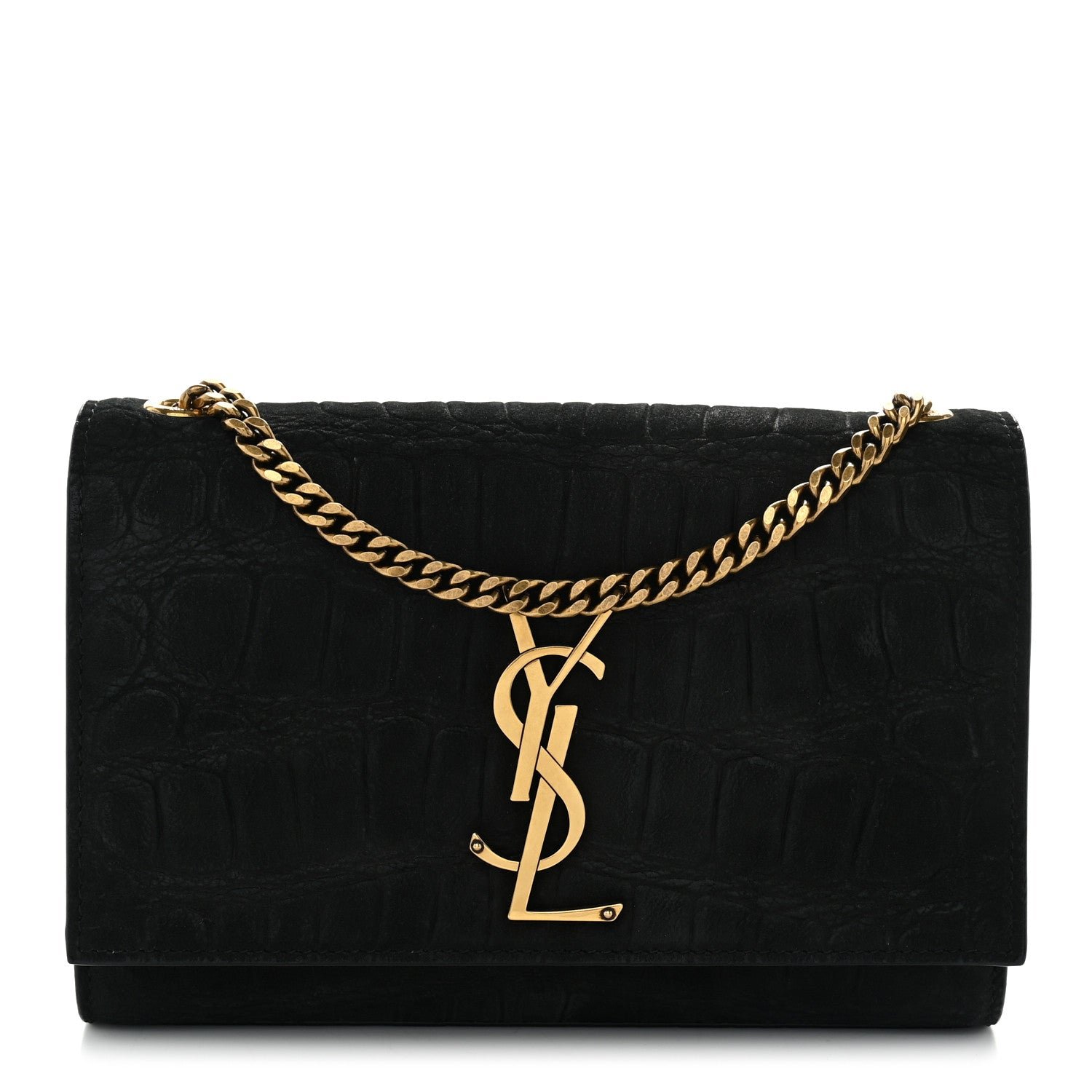 Saint Laurent Crocodile Embossed Nubuck Small Monogram Kate Satchel Black