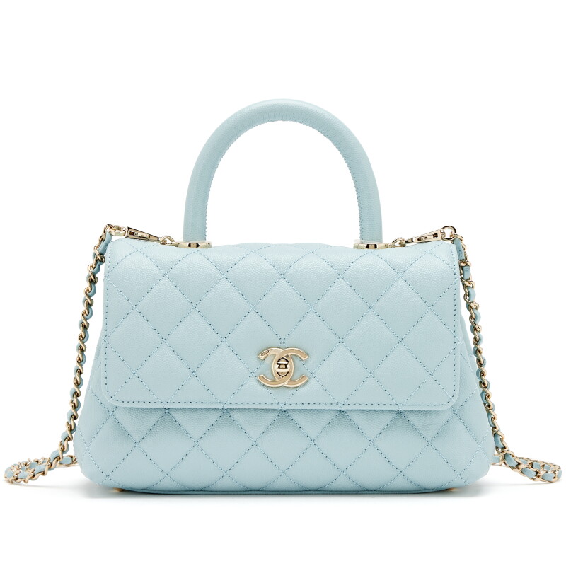 Light Blue Quilted Caviar Mini Coco Top Handle Flap Bag Light Gold Hardware, 2022