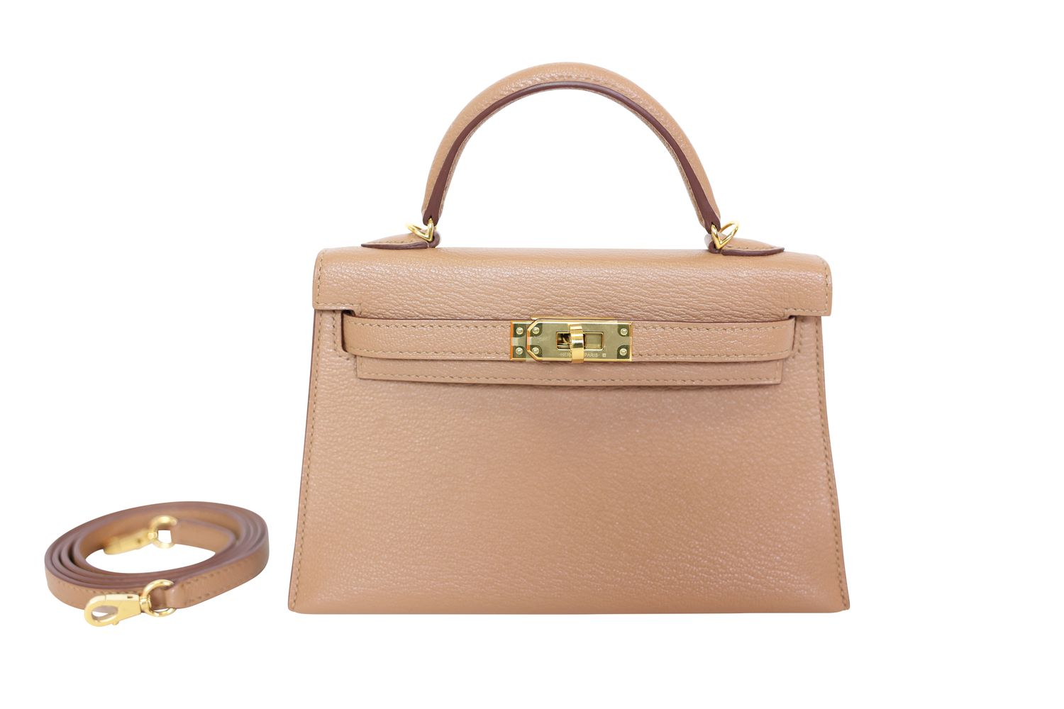 Hermes Kelly Mini 20, Tan Quebracho Chèvre Mysore Leather with Gold Hardware, Preowned in Box MA001