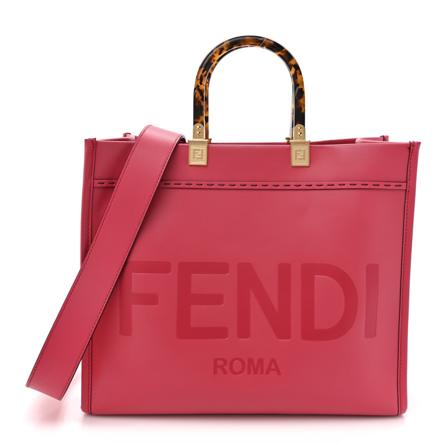 Fendi Vitello King Plexiglass Logo Embossed Medium Fendi Sunshine Shopper Tote Lampone