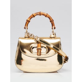 Gucci Gold Metallic Patent Leather Mini 1947 Bamboo Top Handle BAg