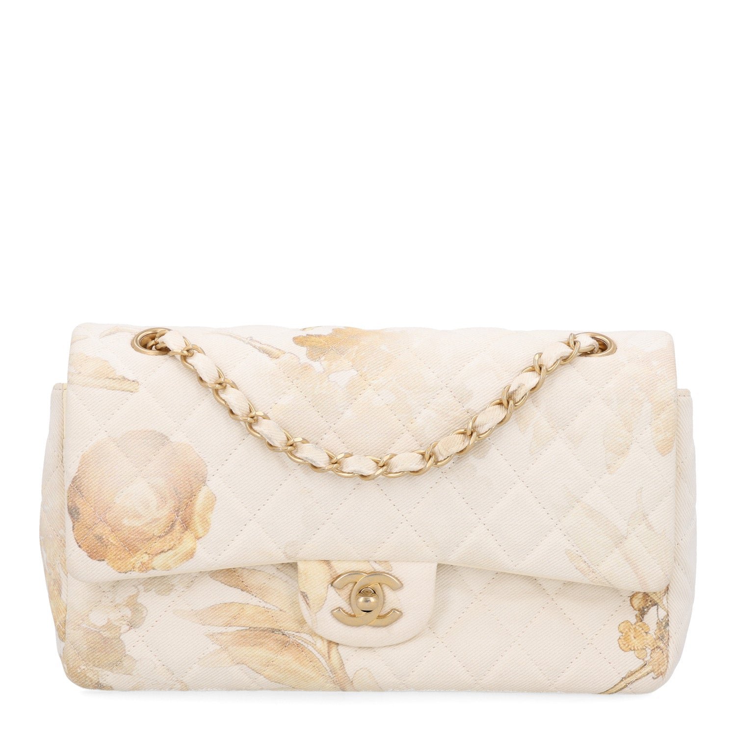 Chanel Denim Floral Printed Medium Double Flap Beige
