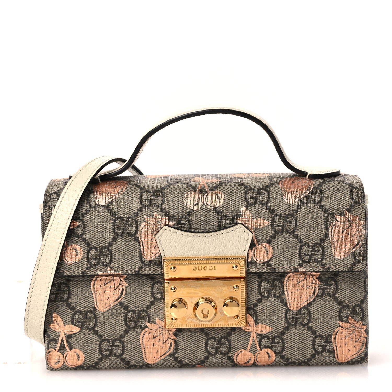 Gucci GG Supreme Monogram Berry Textured Dollar Calfskin Mini Padlock Top Handle Shoulder Bag Beige Ebony Light Copper Mystic White