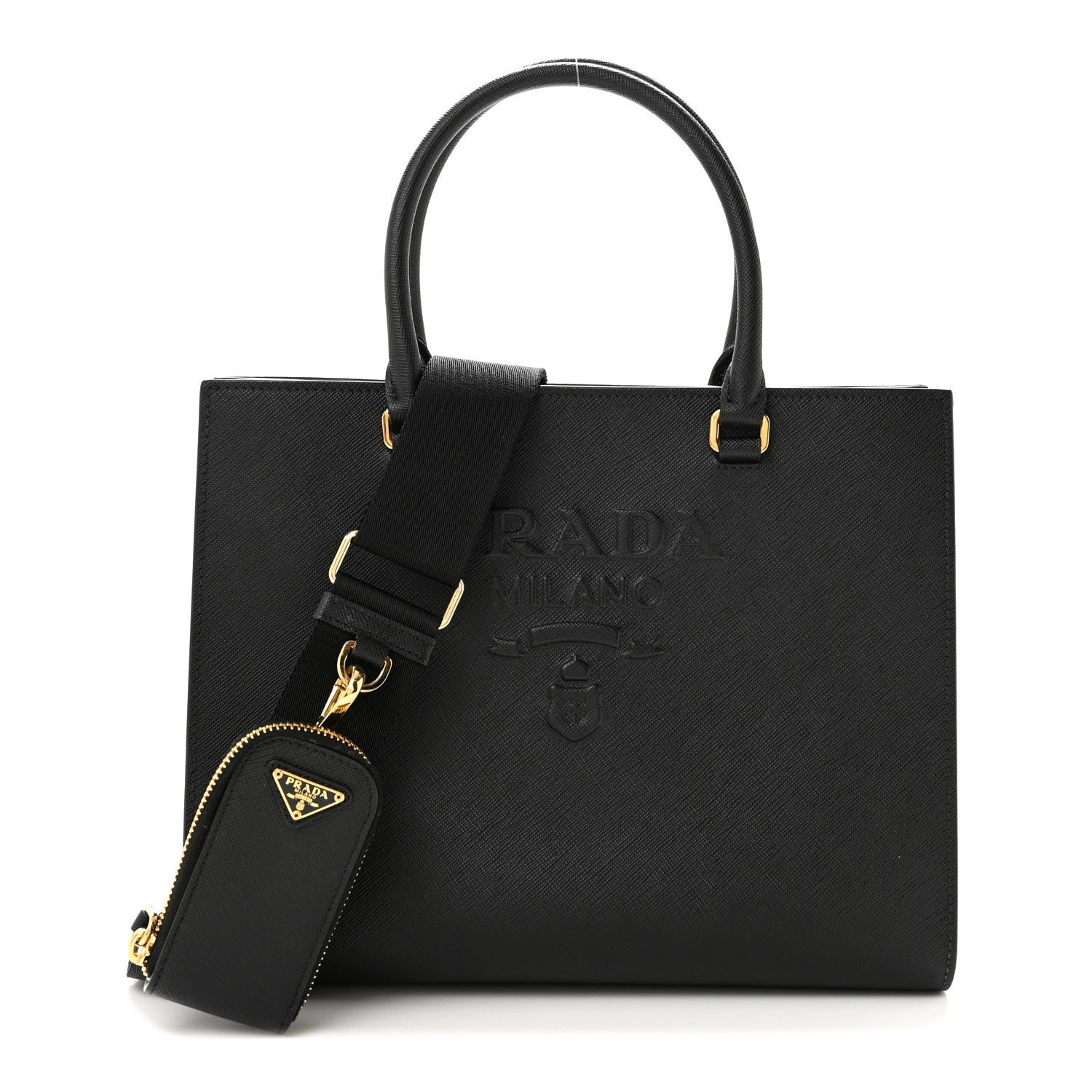 Prada Saffiano Lux Logo Embossed Medium Shoulder Tote Handbag Black