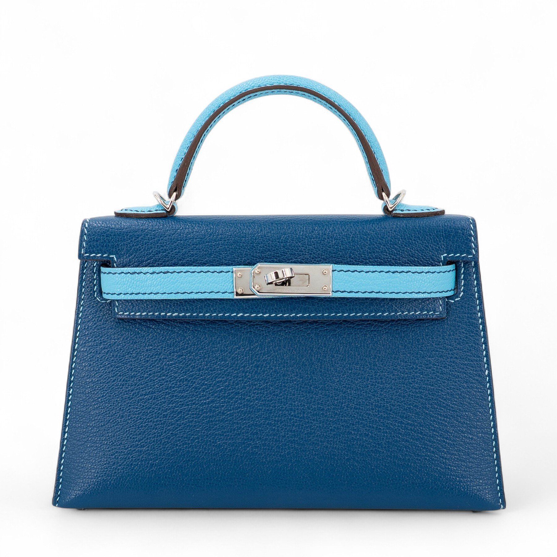 Very Good ( Rank A) HERMÈS Special Order Mini Kelly II HSS Deep Blue (S4) Celeste (7N) Chevre Palladium hardware U (2022)