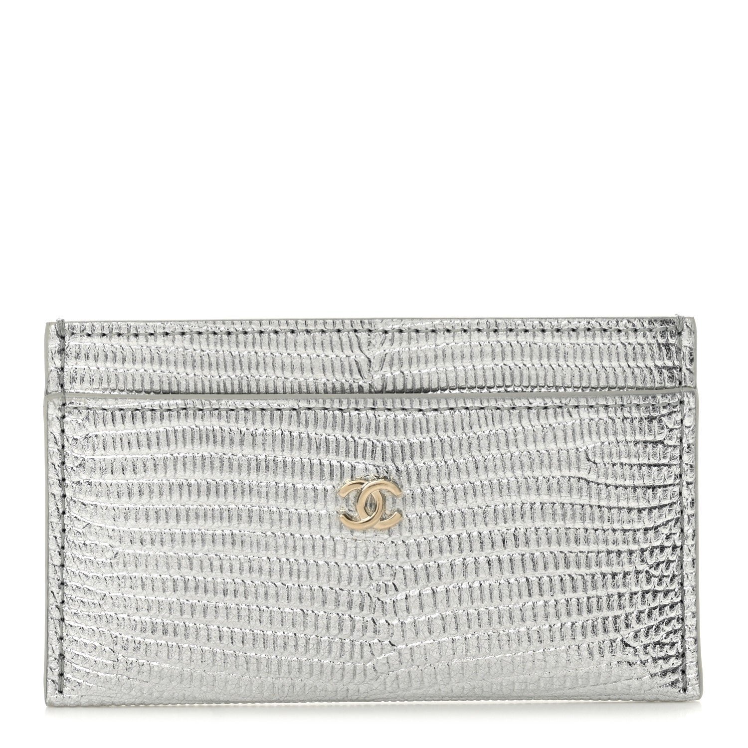 Chanel Calfskin Lizard Embossed Card Holder Silver