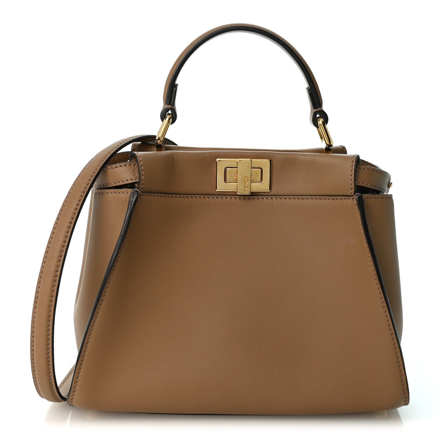 Fendi Vitello Seta Fabric Jacquard FF 1974 Mini Peekaboo Iconic Satchel Sand Tobacco Moro