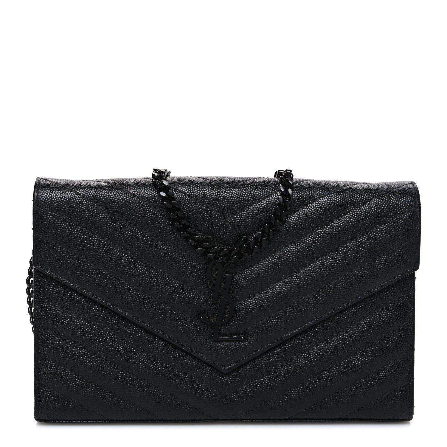 Saint Laurent Grain De Poudre Matelasse Chevron Monogram Monochrome Envelope Chain Wallet Black