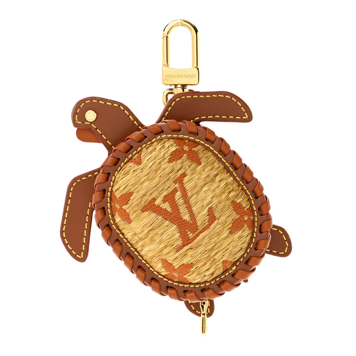 Louis Vuitton Raffia Calfskin Monogram LV Turtle Pouch Bag Charm Brown