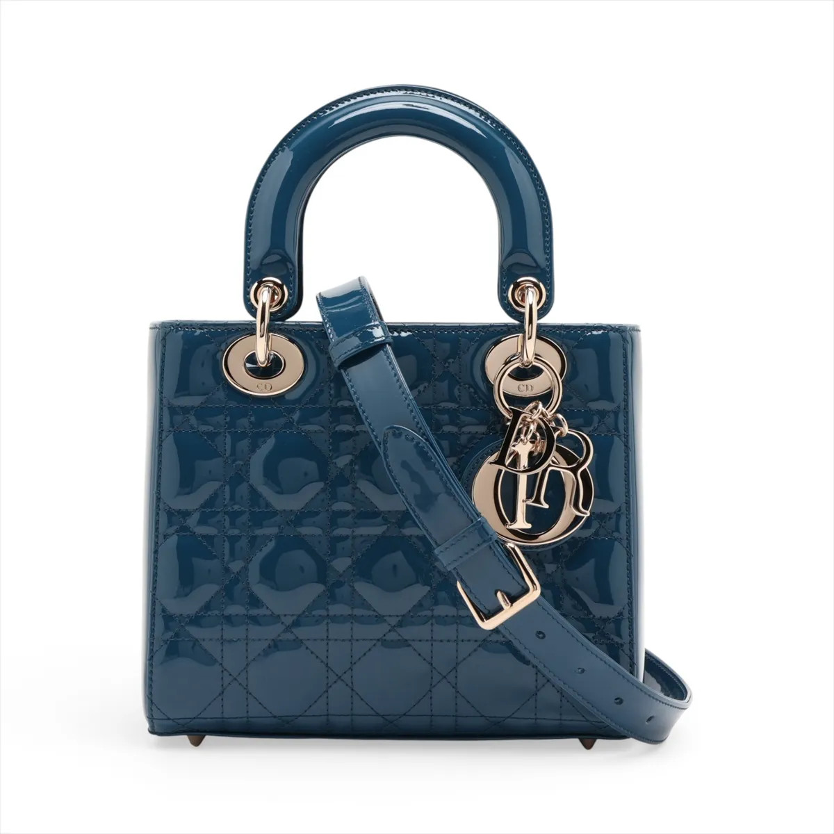 Christian Dior Cannage Lady Dior Patent Leather 2 Way Handbag Blue