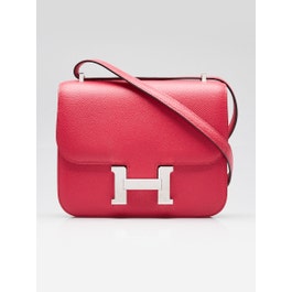 Hermes 18cm Rose Extreme Epsom Leather Palladium Plated Constance Bag