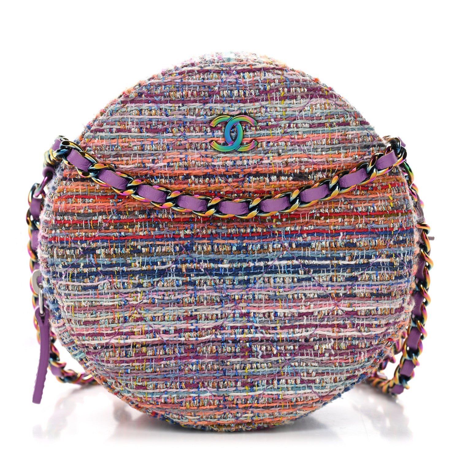 Chanel Tweed Quilted Round Clutch With Chain Blue Pink Orange