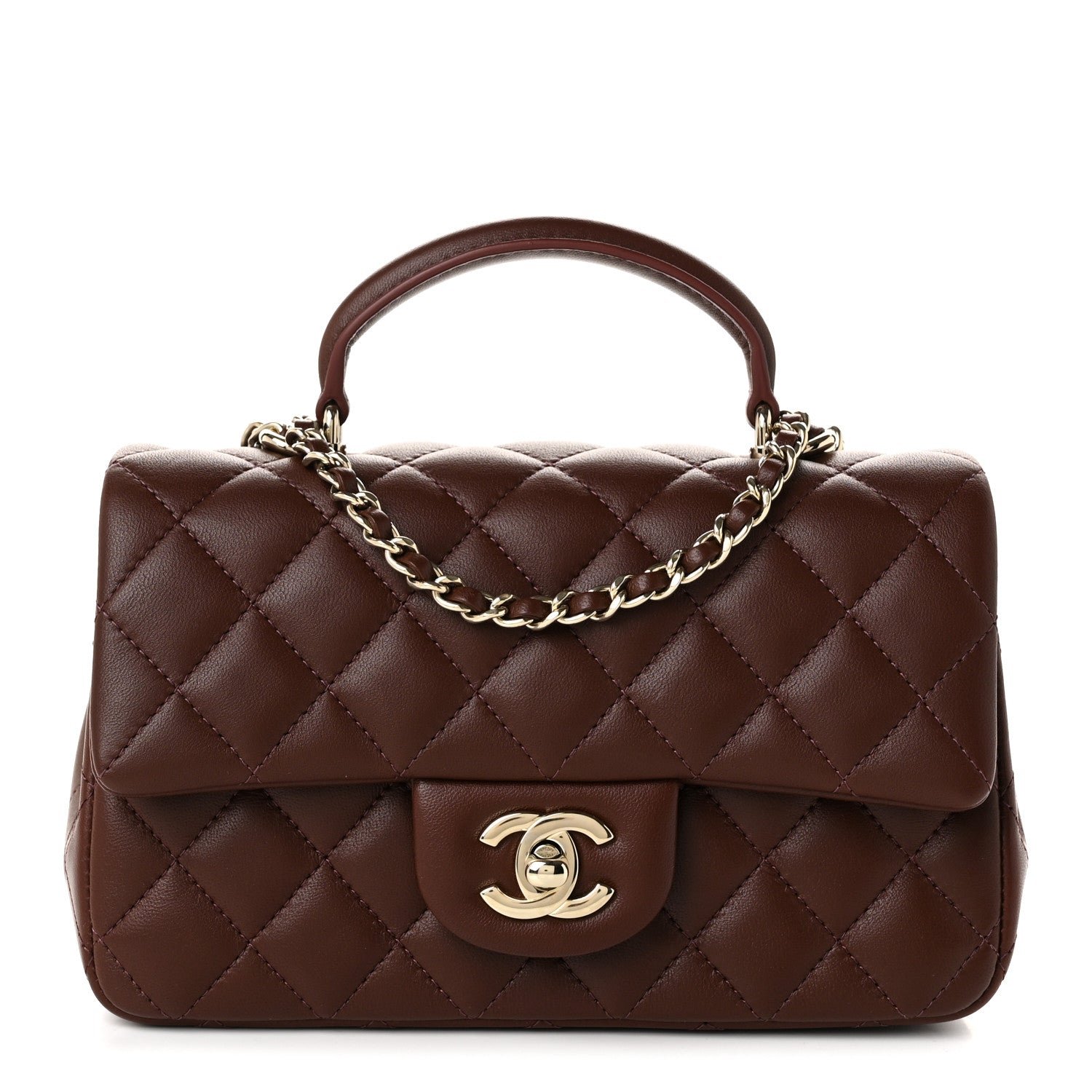 Chanel Lambskin Quilted Mini Top Handle Rectangular Flap Dark Brown