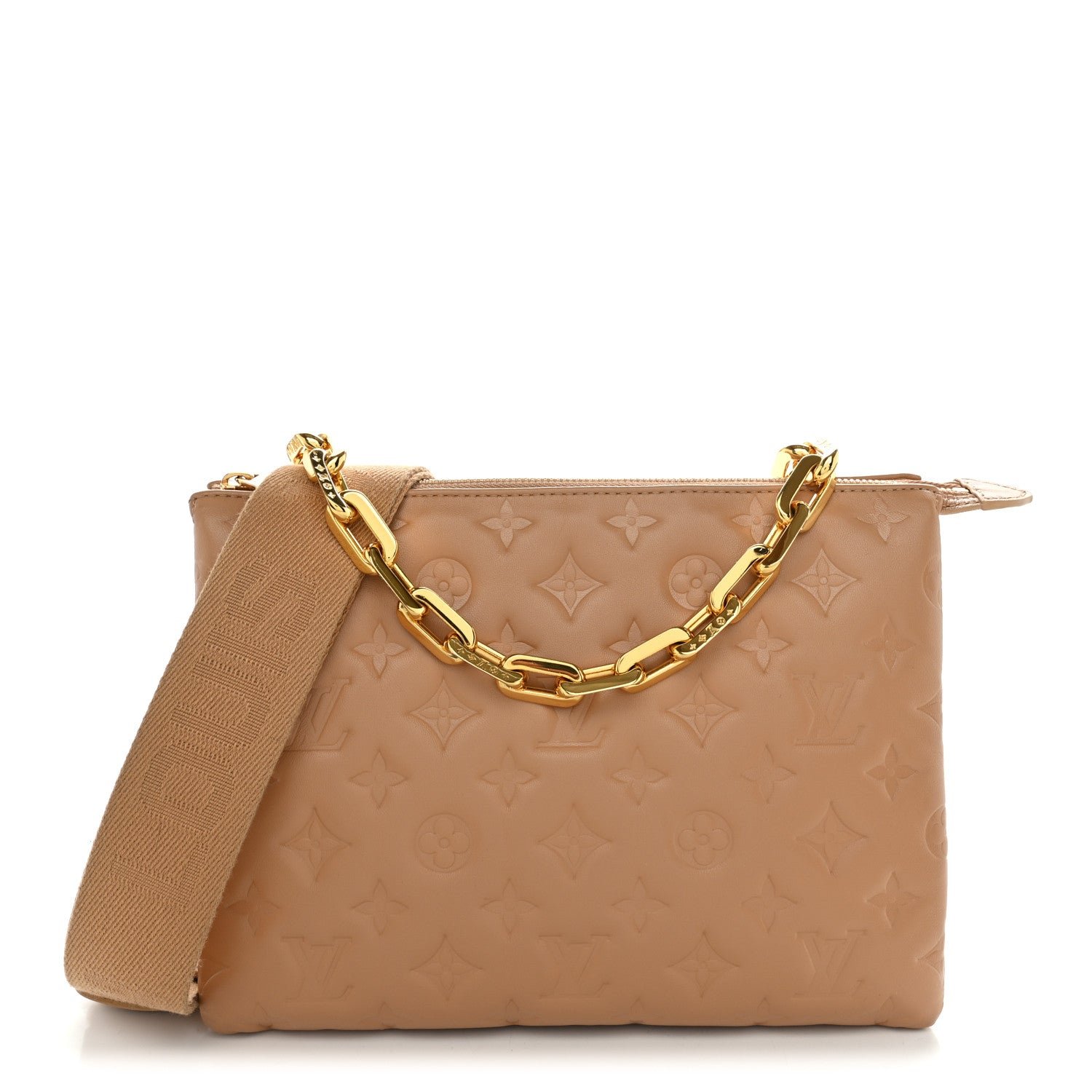 Louis Vuitton Lambskin Embossed Monogram Coussin PM Camel