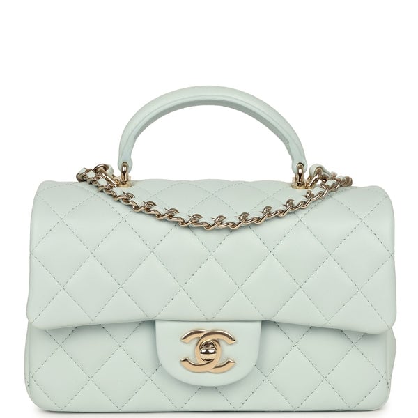 Chanel Mini Classic Rectangular Top Handle Flap Bag Light Blue Lambskin Light Gold Hardware
