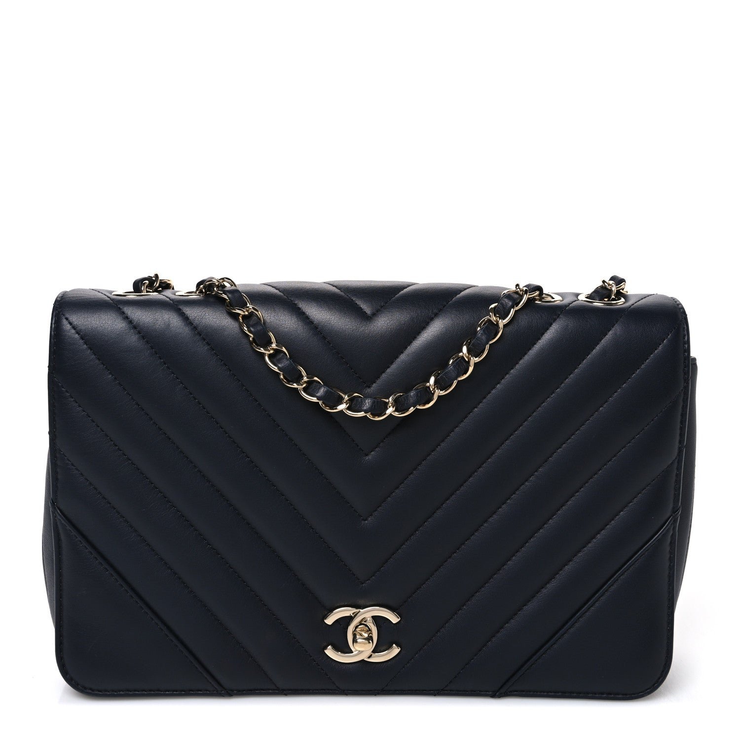 Chanel Calfskin Chevron Quilted Medium Statement Flap Navy