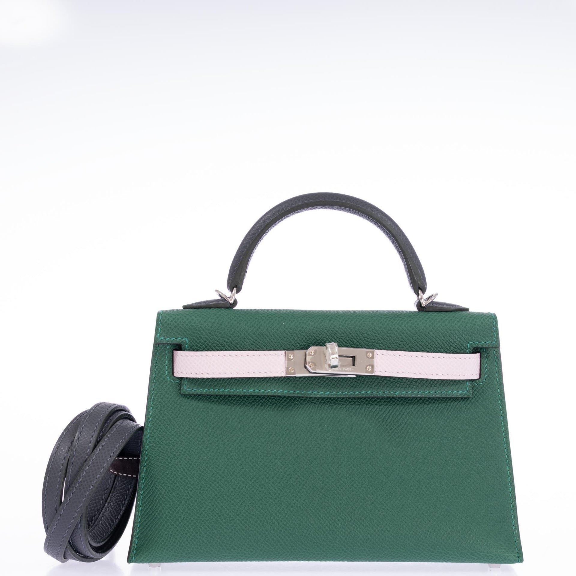 Hermes Hermès Vert Moyen / Mauve Pale / Ardoise Kelly 20 Sellier Tricolor Epsom Palladium Hardware
