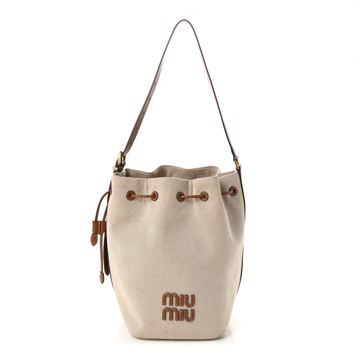 Miu Miu Canvas Calfskin Bucket Bag Natural Brandy