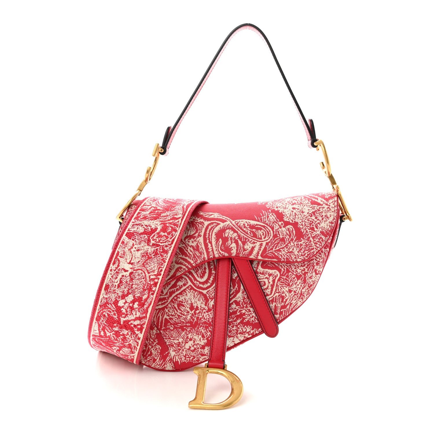 Christian Dior Canvas Reverse Embroidered Toile De Jouy Saddle Bag With Strap Red