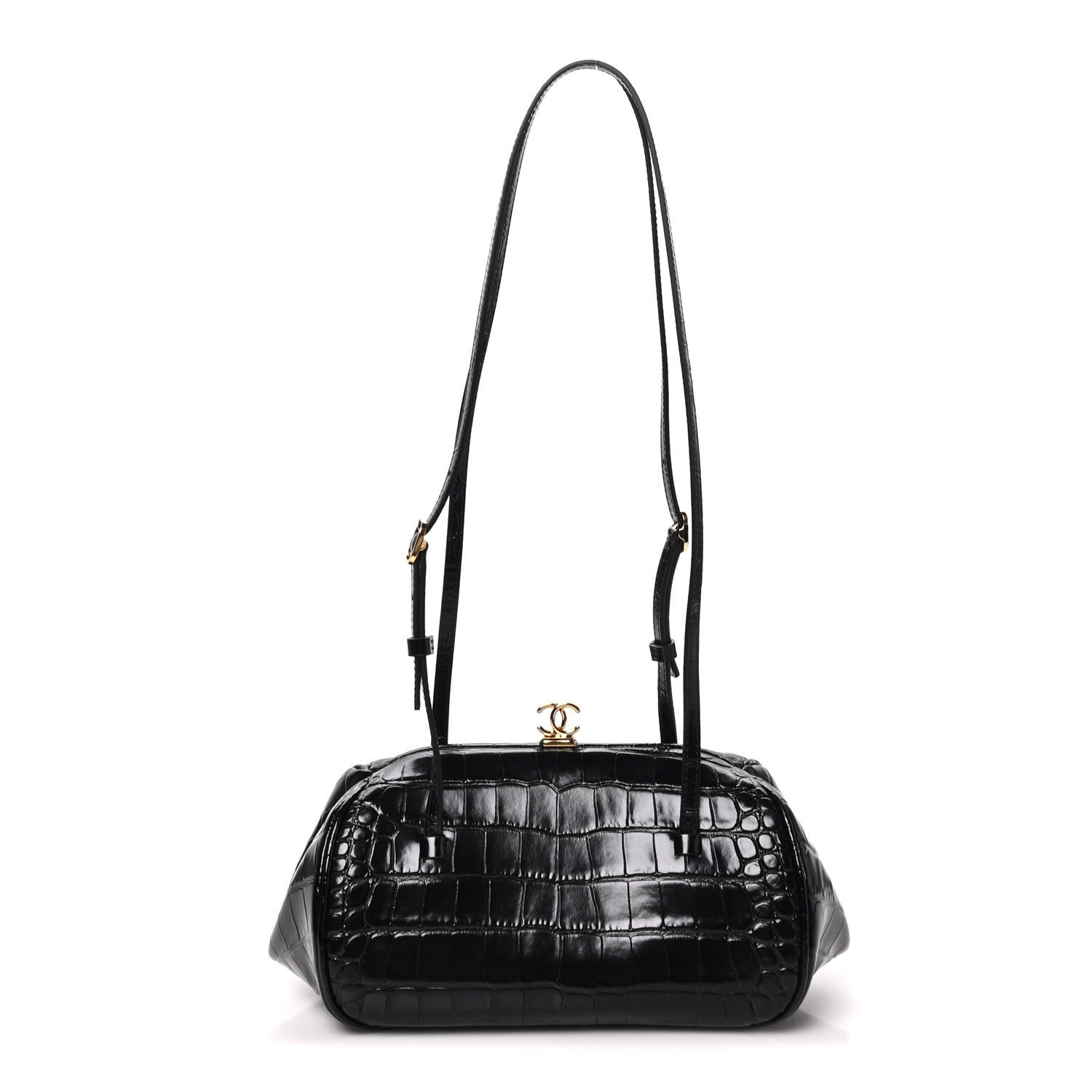 Chanel Calfskin Crocodile Embossed Pretty CC Clutch With Strap Black