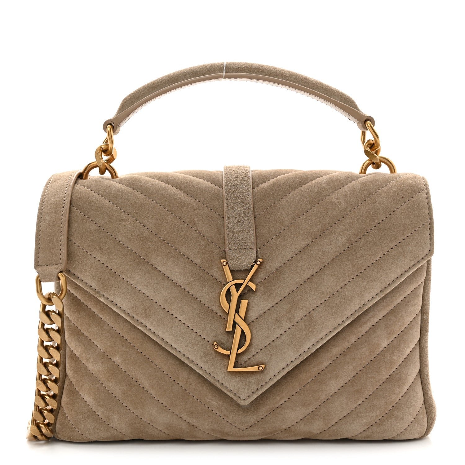 Saint Laurent Suede Matelasse Chevron Monogram Medium College Bag Matte Gold