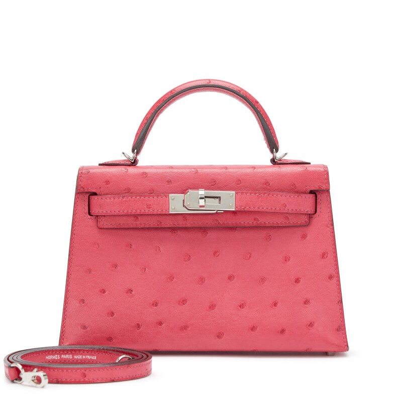 Hermes Rose Tyrien Ostrich Mini Kelly 20 II Palladium Hardware, 2019