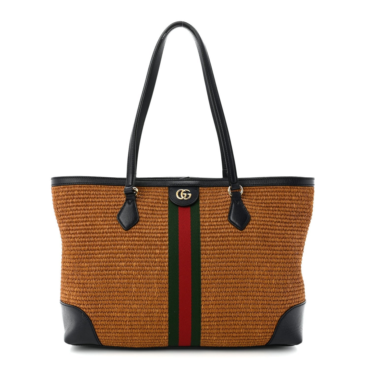 Gucci Straw Lux Calfskin Web Medium Ophidia Shopping Tote Dark Natural Blue