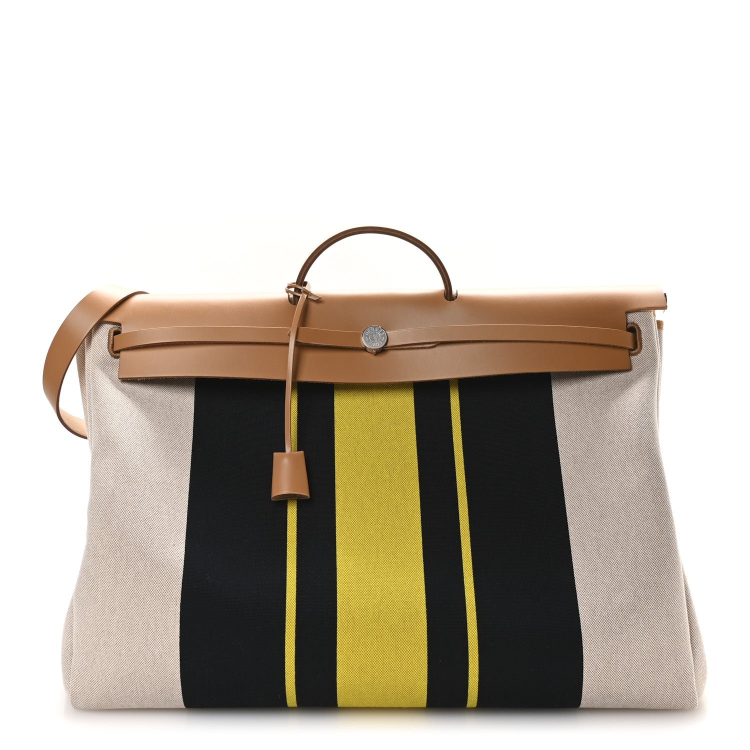 Hermes H Plume Canvas Vache Hunter Rayures d'Equipage Herbag Cabine Zip 50 Jaune Ecru Beige Gold