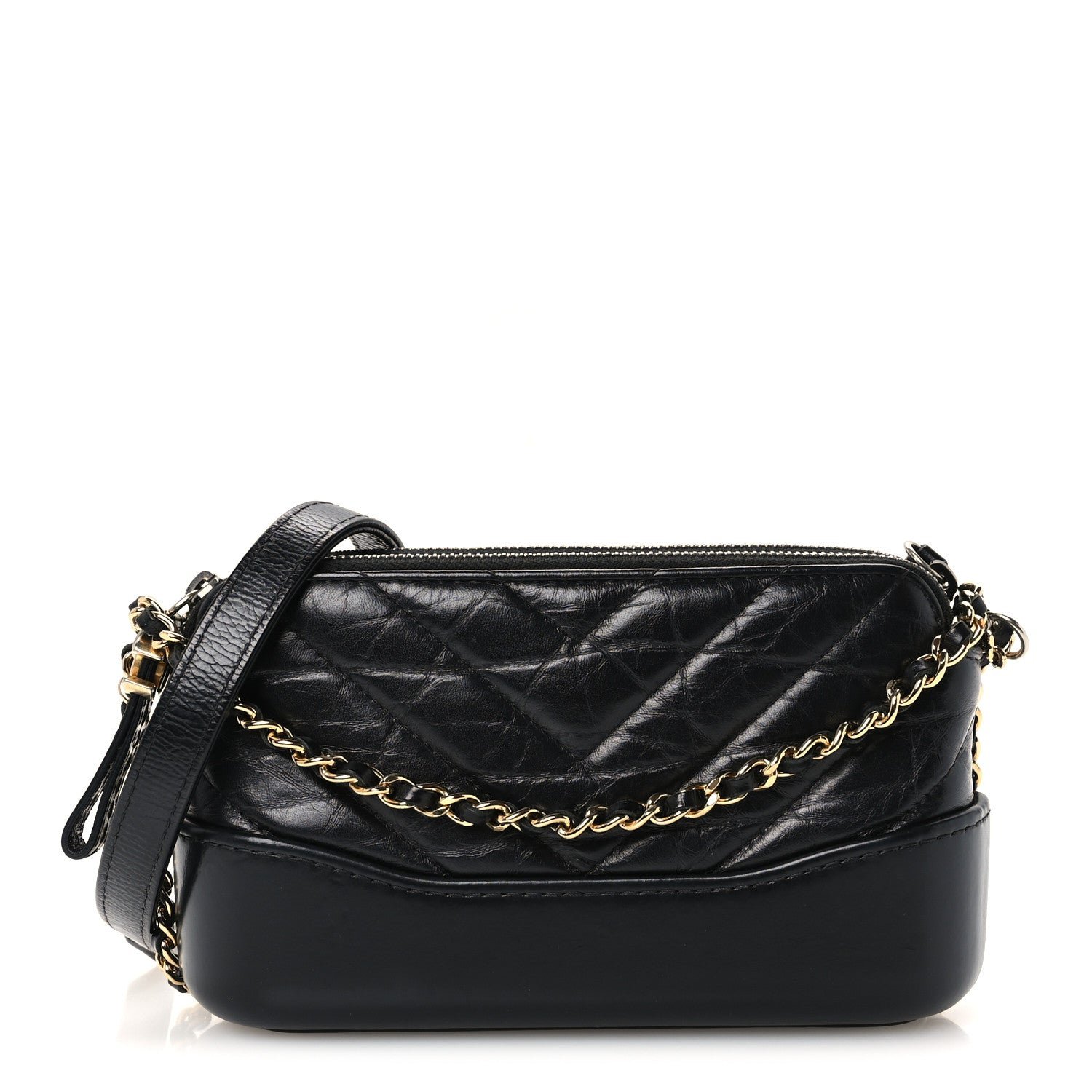 Chanel Aged Calfskin Chevron Quilted Small Gabrielle Clutch With Chain Black