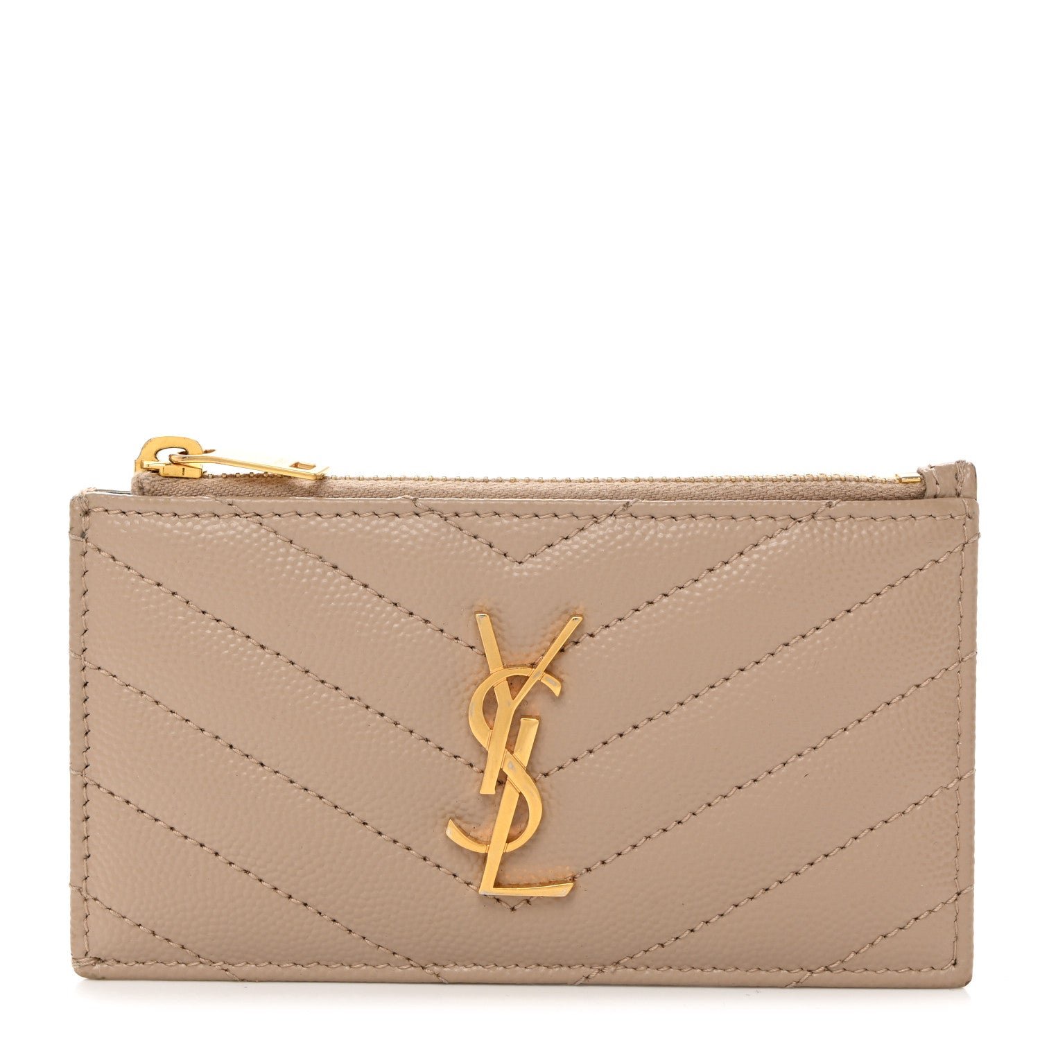 Saint Laurent Monogram Grain de Poudre 5 Fragments Zip Pouch Card Holder Dark Beige