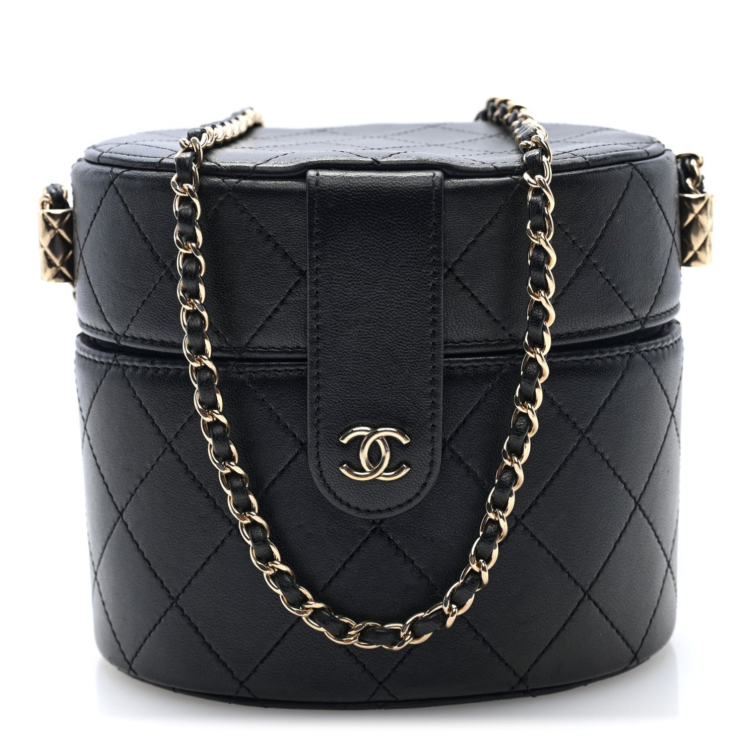 Chanel Lambskin Quilted Round Vanity Case With Chain Black