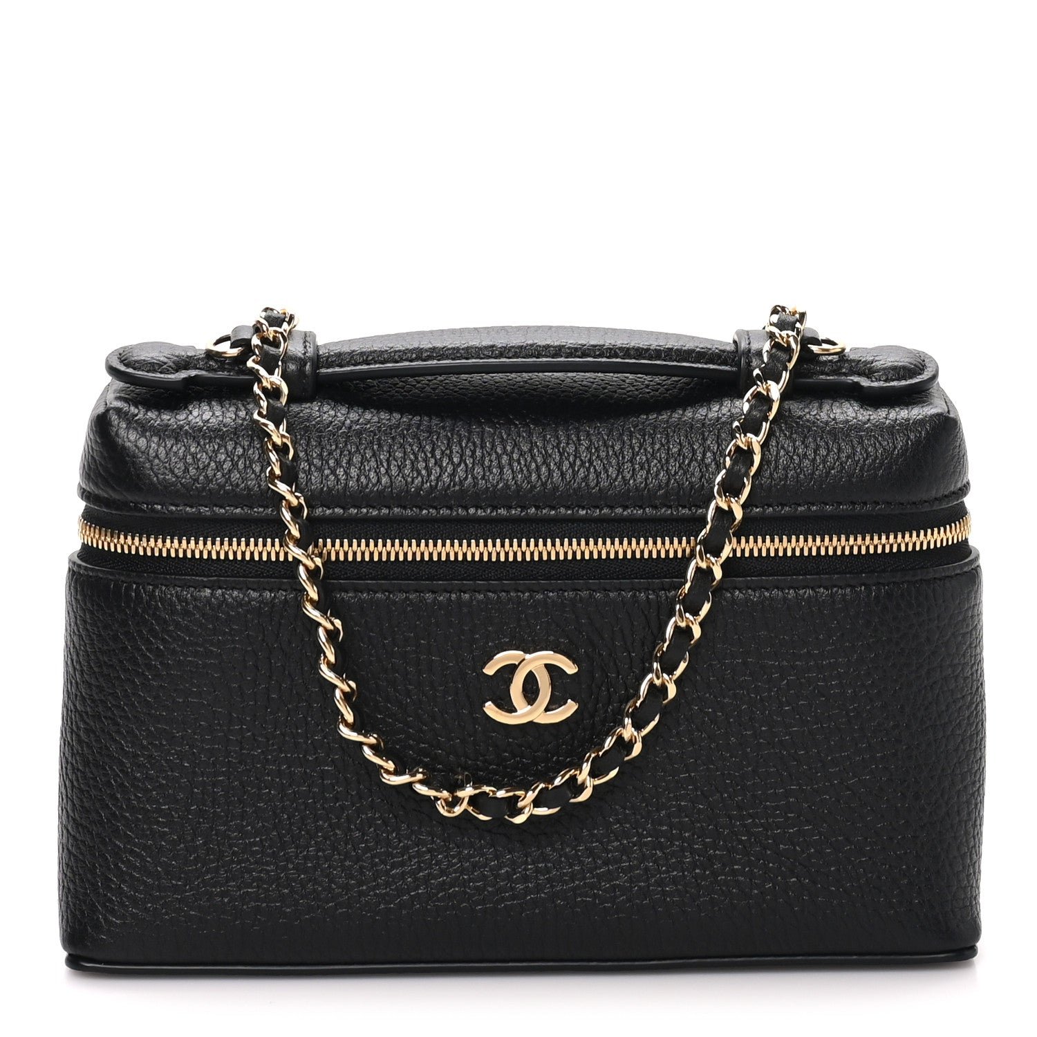 Chanel Grained Calfskin Top Handle Slim Vanity Case With Chain Black