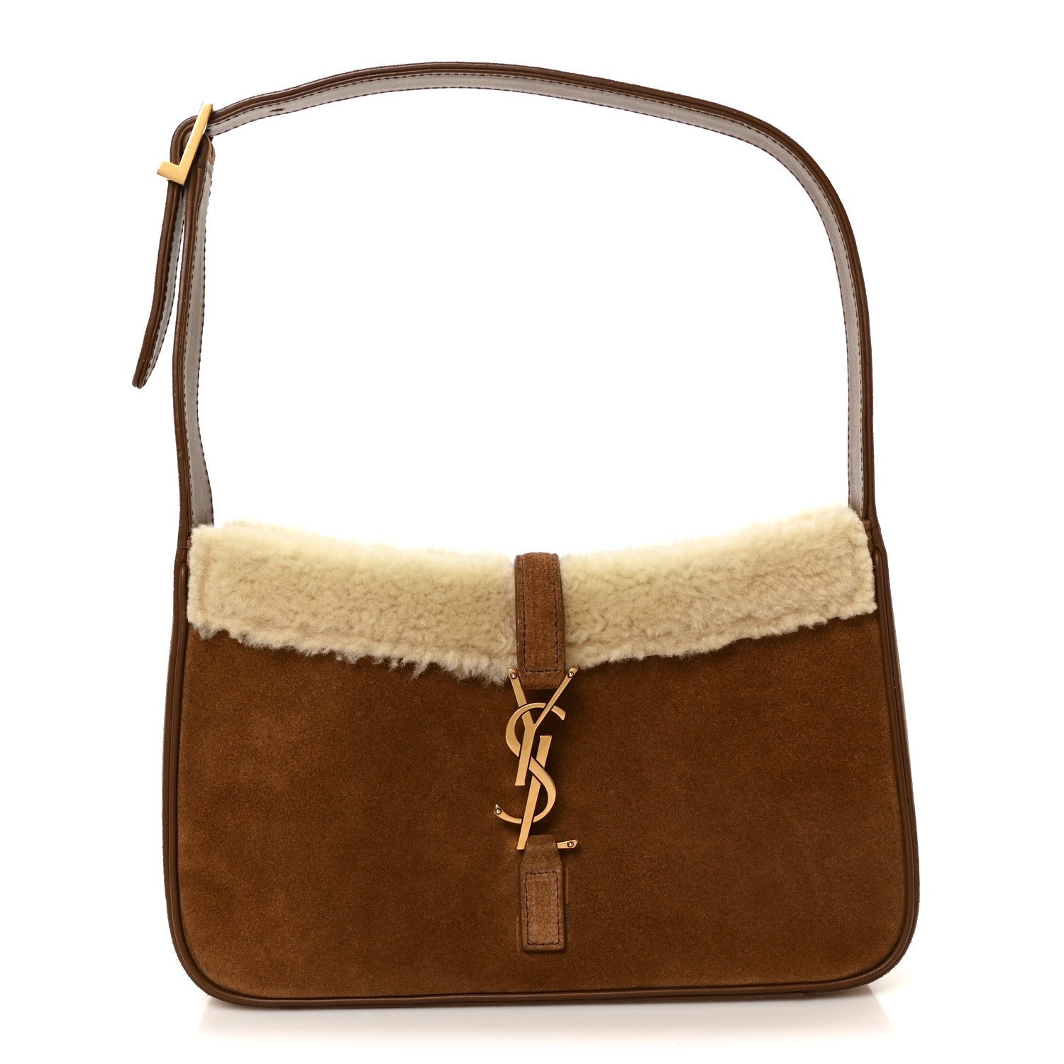 Saint Laurent Suede Calfskin Shearling Le 5 A 7 Hobo Dark Cigar Natural Beige