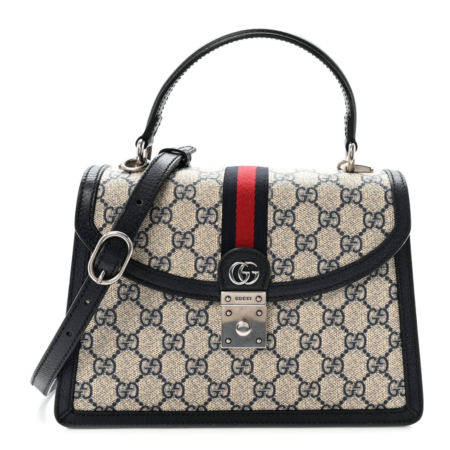 Gucci GG Supreme Monogram Textured Dollar Calfskin Web Small Ophidia Padlock Top Handle Bag Beige Blue