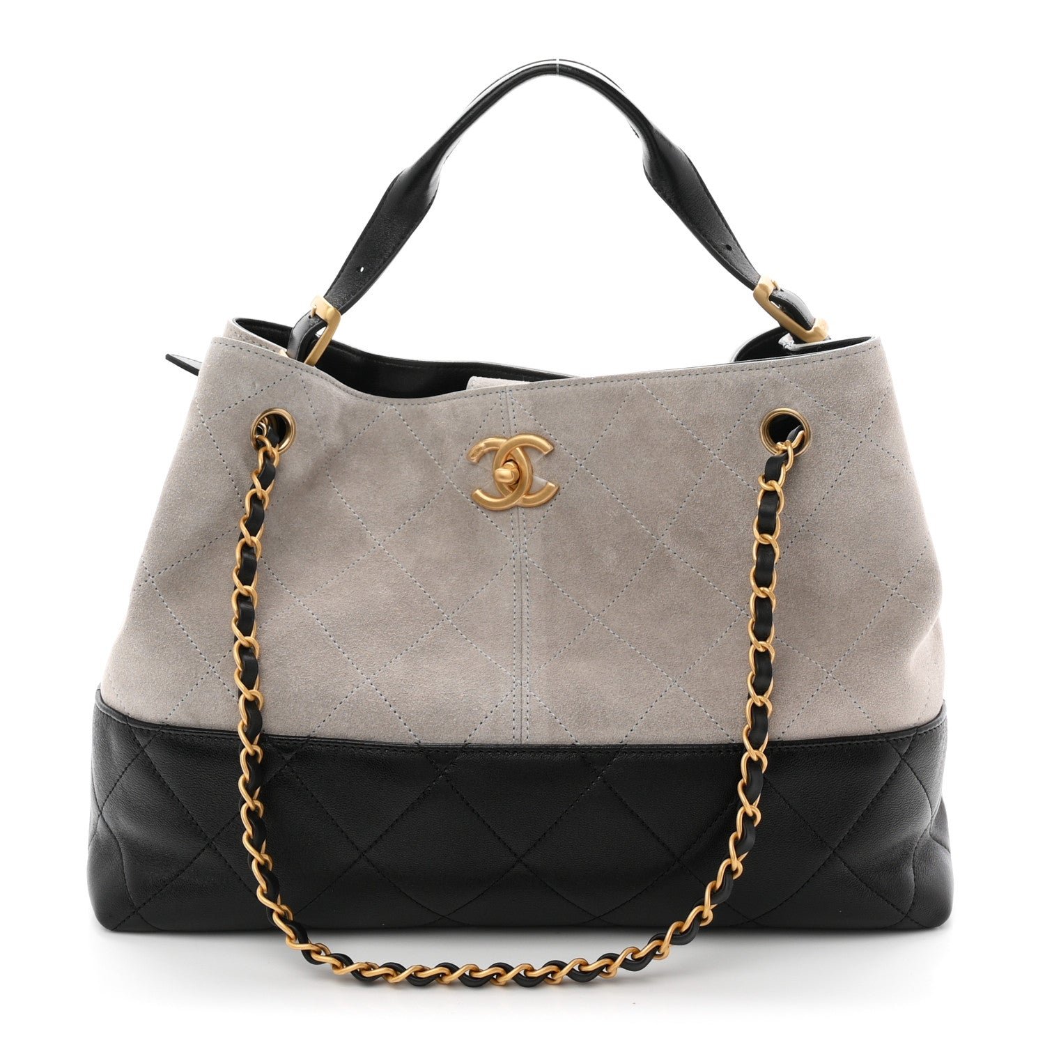 Chanel Suede Calfskin Shiny Lambskin Quilted Small Coco Base Shopping Bag Grey Black