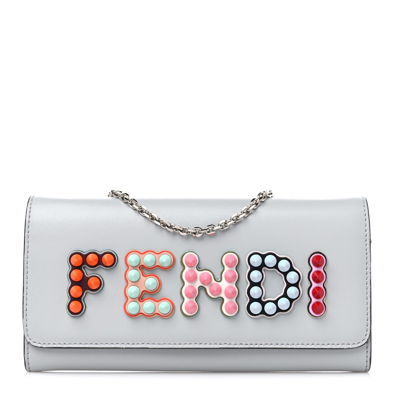 Fendi Vitello Liberty Fun Fair Studded Continental Wallet On Chain Grigio Perla Multicolor