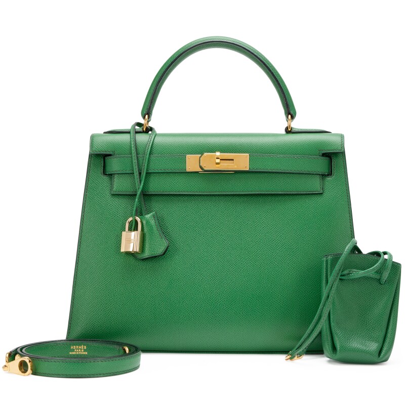 Hermes Vintage Vert Benghal Courchevel Sellier Kelly 28 with Vespa Pouch Gold Hardware, 1994